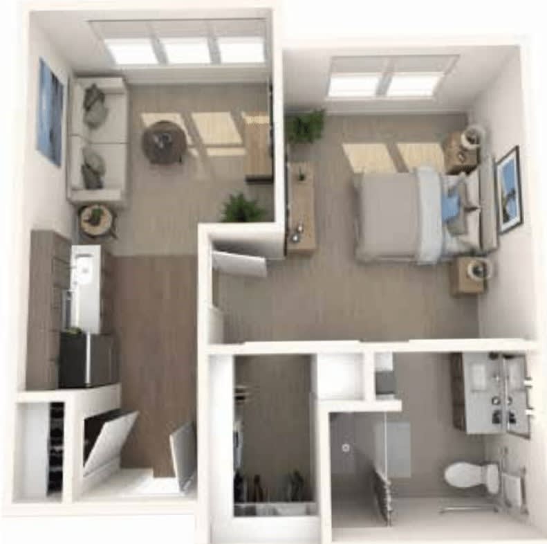 1-bedroom apartment floor plan with living room, kitchen, and bathroom.