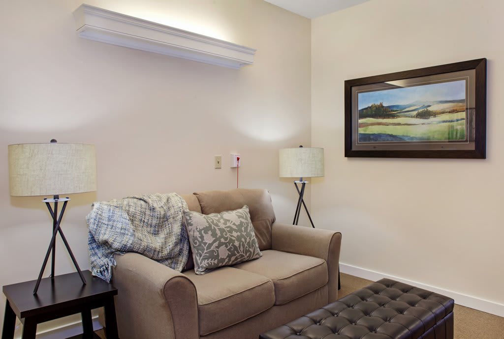A cozy living room with a sofa and decorative cushions, featuring a framed landscape painting and stylish lamps.