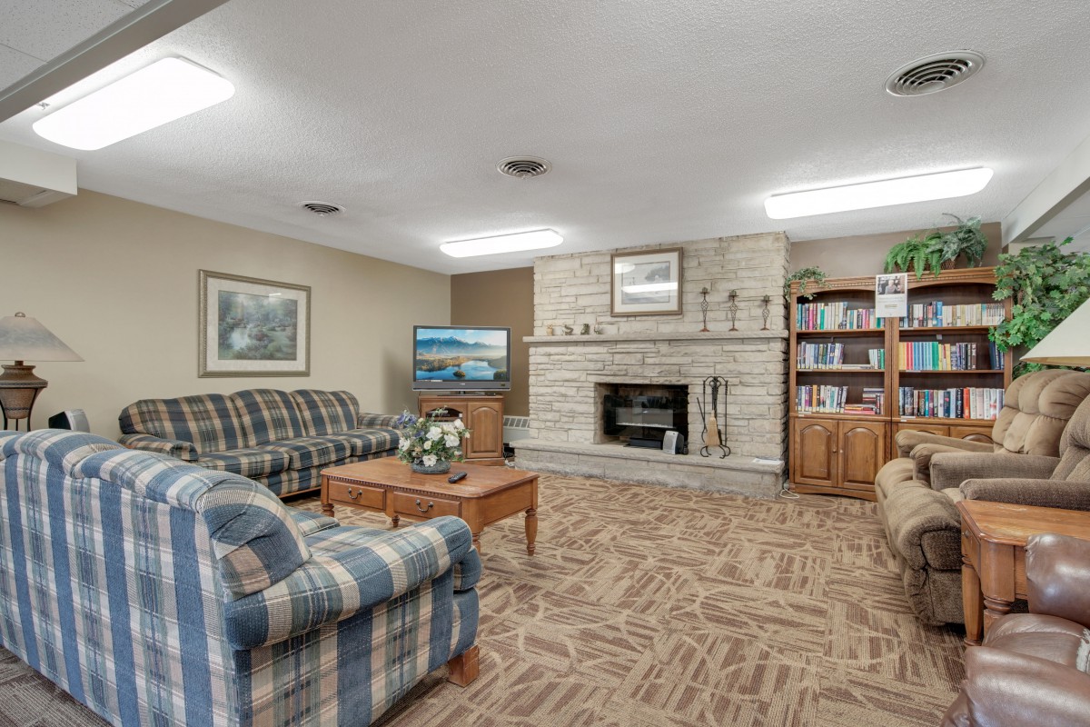 A cozy living room featuring a fireplace, comfortable sofas, a television, and bookshelves.