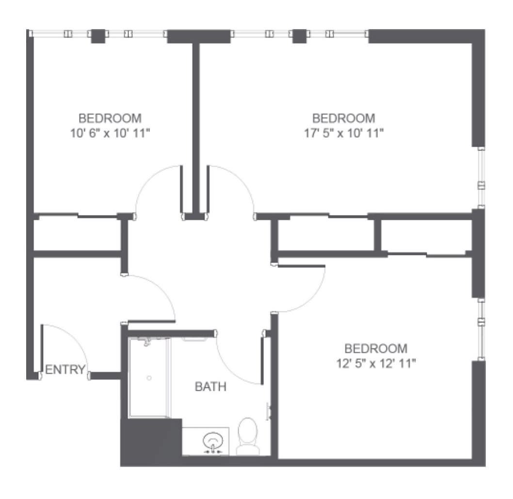 A two-bedroom apartment floor plan with labeled dimensions.
