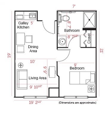A floor plan of a small apartment featuring a galley kitchen, dining area, living area, bedroom, and bathroom.