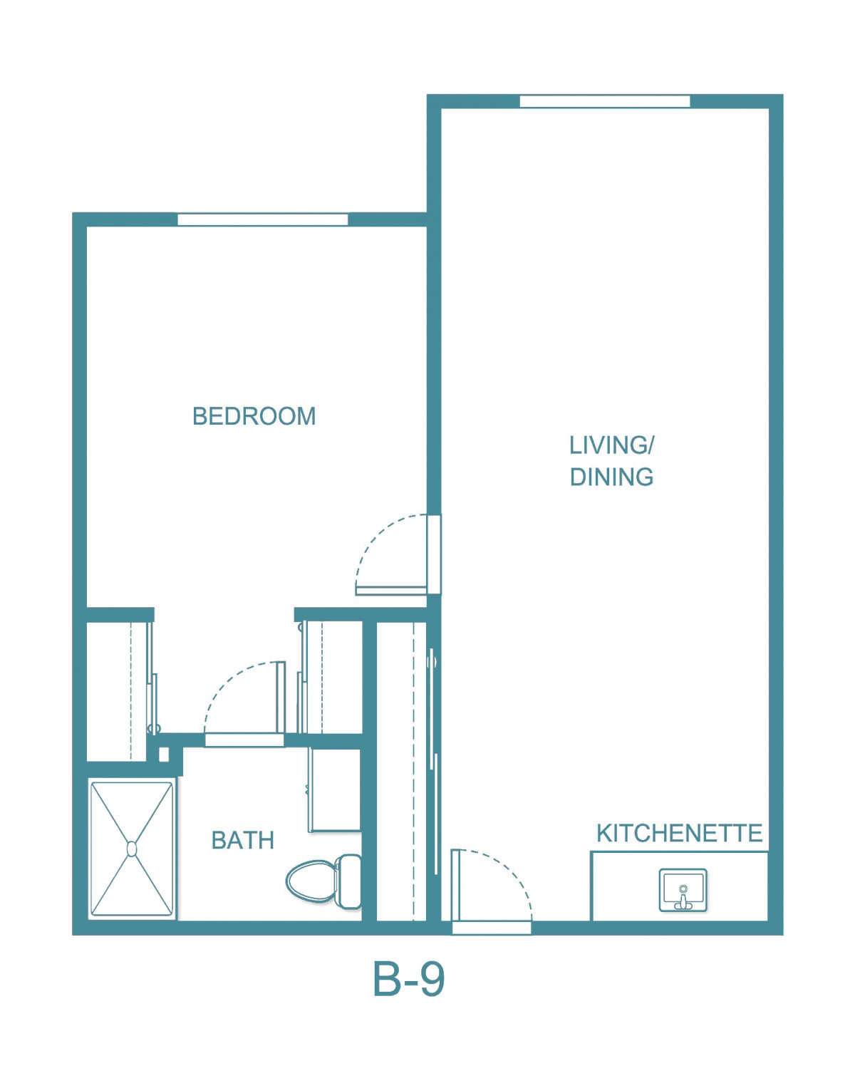A simple floor plan of a one-bedroom apartment featuring a living area, bathroom, and kitchenette.