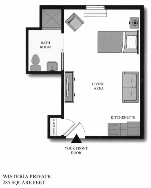 Studio apartment floor plan with living area, kitchenette, and bathroom.