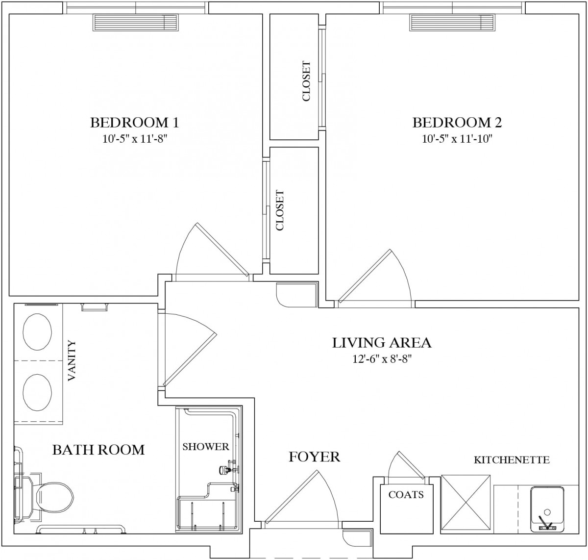 A detailed floor plan of a two-bedroom apartment layout.