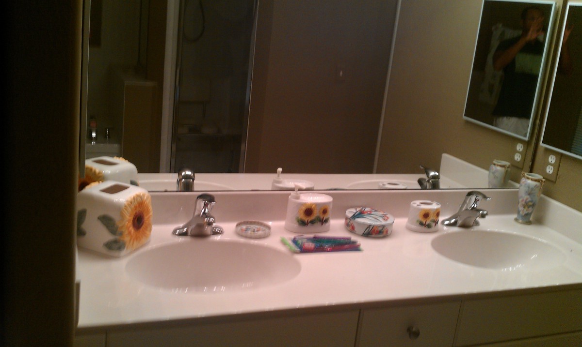 A bathroom counter with a sink, toilet paper, and soap.