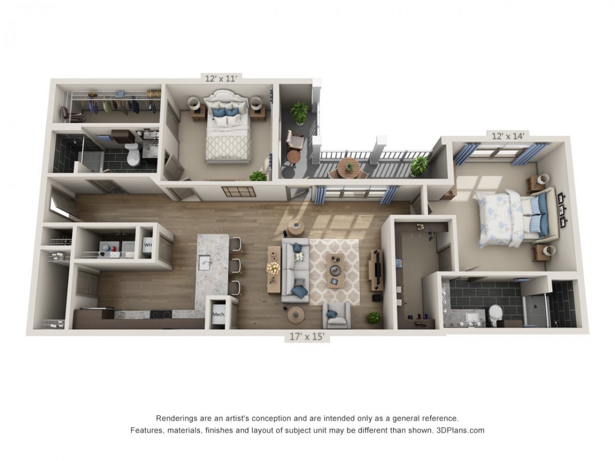 3D floor plan of a modern apartment with detailed room layout and furniture arrangement.