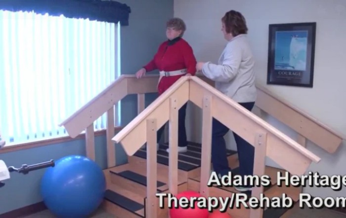 A therapy session underway involving exercises on stairs with professional guidance.