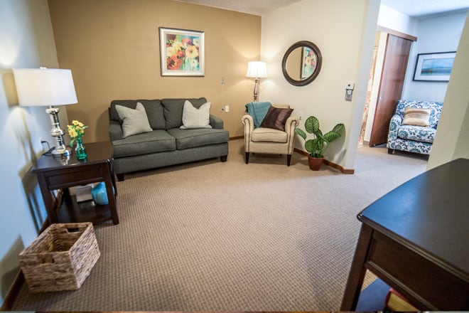 A cozy living room with a sofa, armchair, and decor elements like a mirror and plant.
