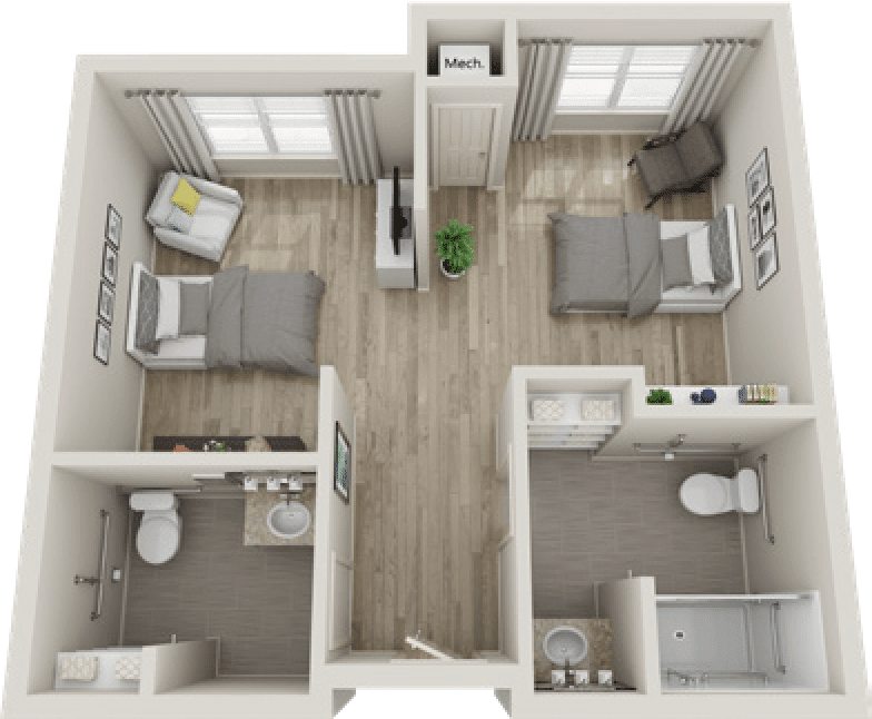 A 3D floor plan of a two-bedroom apartment with two bathrooms and a compact kitchen and living area.