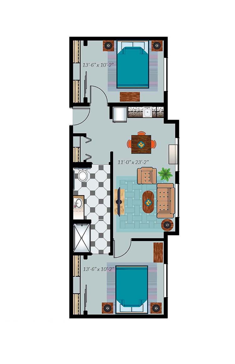 A floor plan of a compact apartment featuring two bedrooms, a kitchen, and a living area.