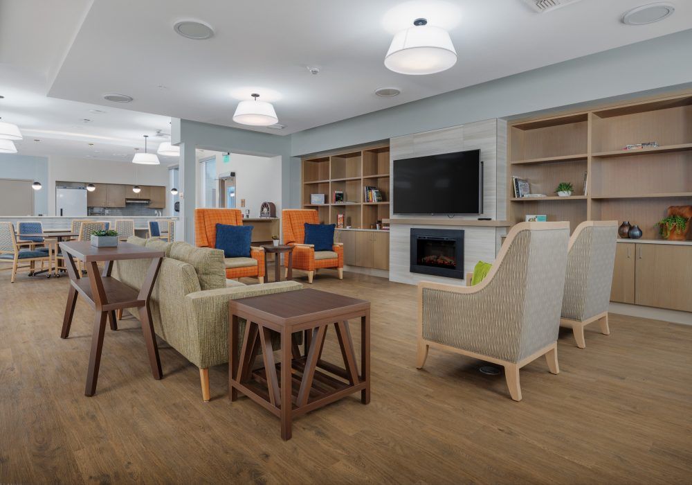 A modern living room with comfortable seating, a TV, and a fireplace.