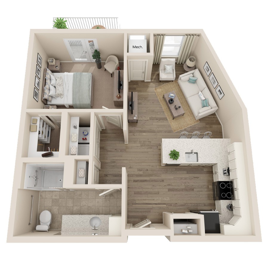 One-bedroom apartment floor plan with kitchen, living room, and bathroom.