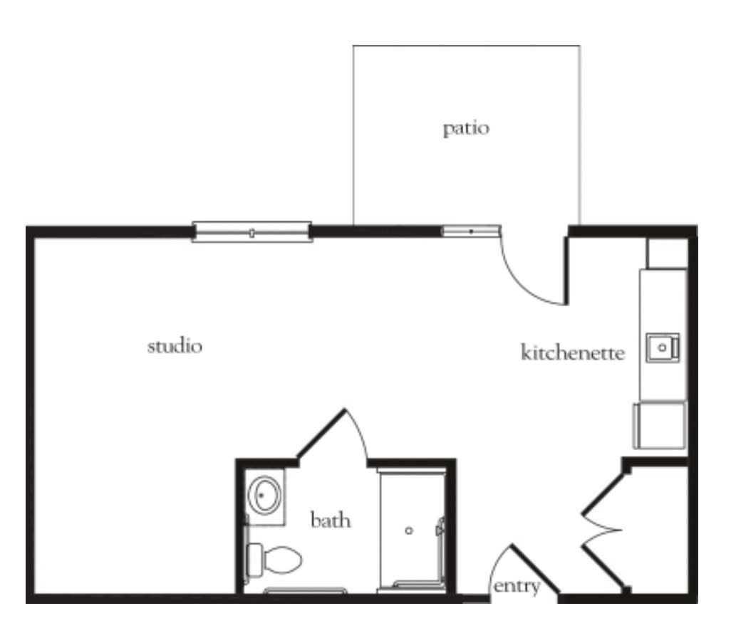 Studio apartment floor plan with a kitchenette, bathroom, and patio.