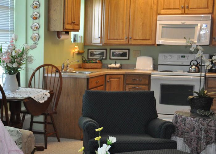 Cozy kitchen with wooden cabinets and a comfortable living area.