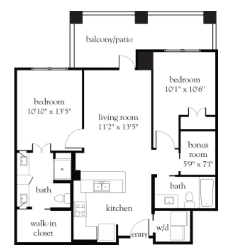 A floor plan of a two-bedroom, three-bathroom apartment with labeled rooms and dimensions.