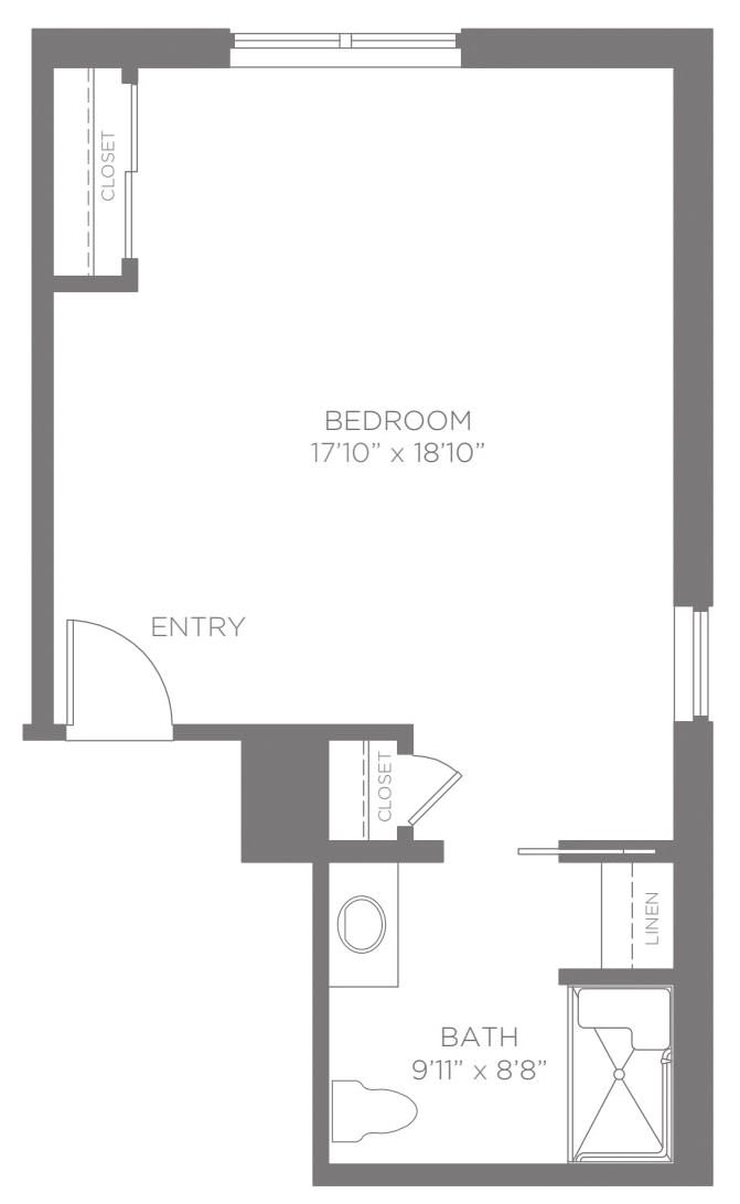 A floor plan layout of an apartment featuring a bedroom and entrance area.