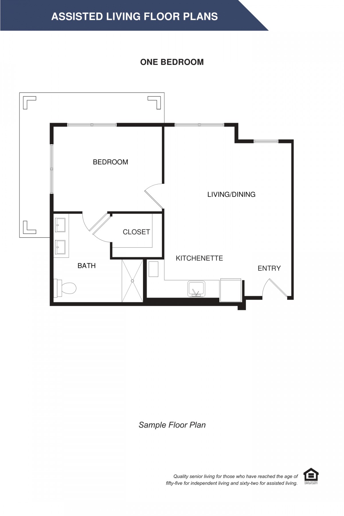 Simple one-bedroom apartment floor plan with kitchen, living area, and bathroom.