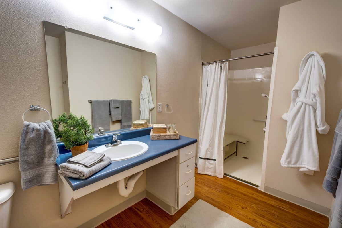 A modern bathroom with a sink, large mirror, and shower area.