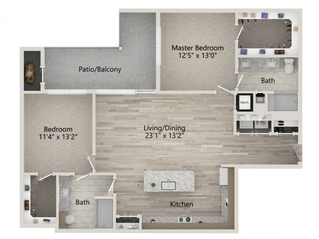 A spacious two-bedroom apartment floor plan showing the arrangement of rooms including a living/dining area, kitchen, master bedroom with attached bath, additional bedroom and bathroom, and a patio/balcony.