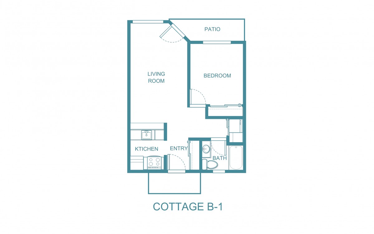 A floor plan for Cottage B-1 featuring a living room, kitchen, bedroom, and bathroom.