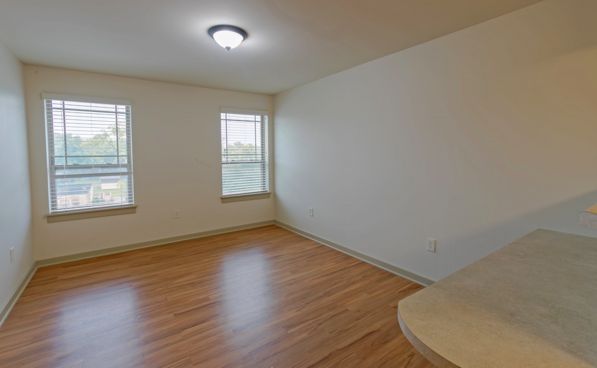 An empty room with hardwood flooring and two windows.