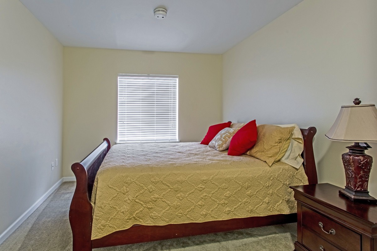 A cozy bedroom with a large bed and bright red pillows, illuminated by natural light from the window.