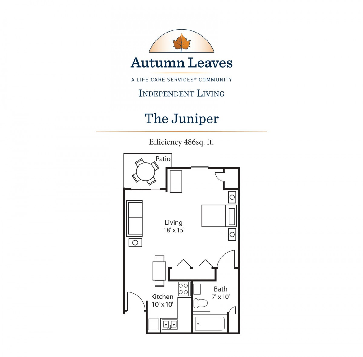 The floor plan of 'The Juniper' unit from Autumn Leaves assisted living facility, featuring a one-bedroom layout.