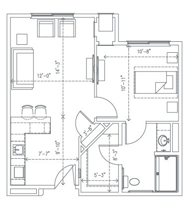 A detailed floor plan of a small apartment, showing the layout of rooms including a living area, kitchen, bedroom, and bathroom.