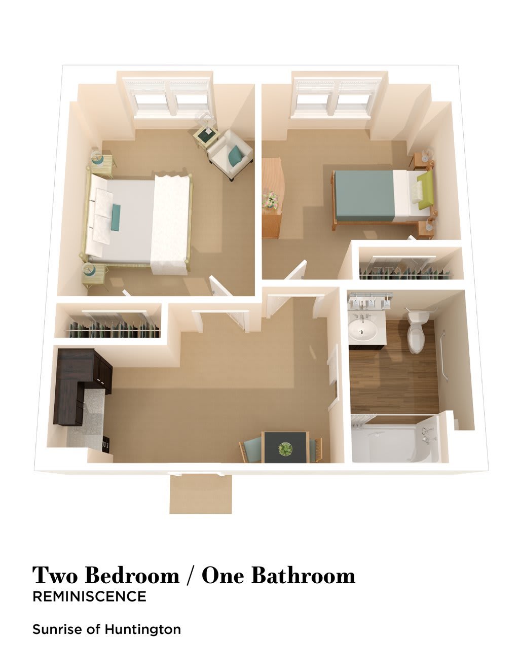 A 3D floor plan of a two-bedroom, one-bathroom apartment.