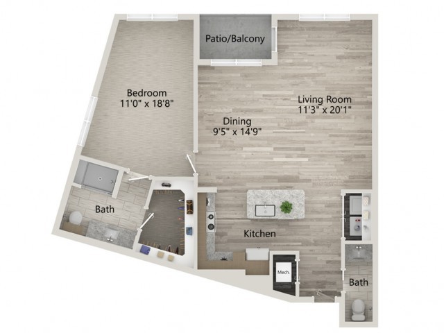 A one-bedroom apartment floor plan featuring dimensions for each room, including a living room, dining area, kitchen, bedroom, bathroom, and patio/balcony.