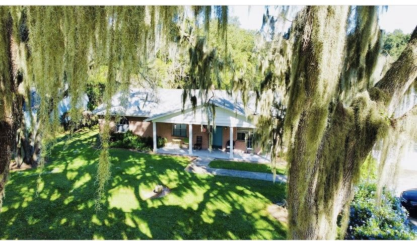 A charming house surrounded by lush greenery and hanging moss.