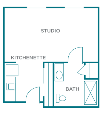 Studio apartment floor plan with kitchenette and bathroom.