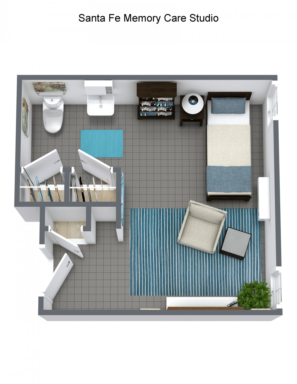 3D floor plan of a small apartment featuring a bedroom, bathroom, and living area.
