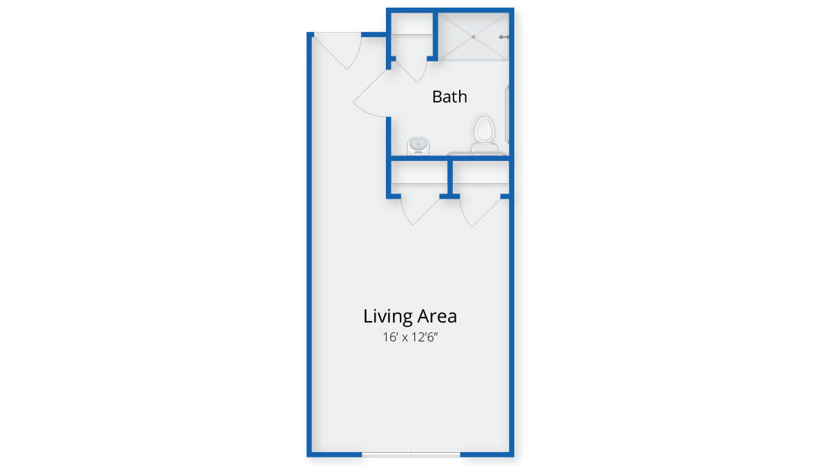 A floor plan layout featuring a living area and bathroom.