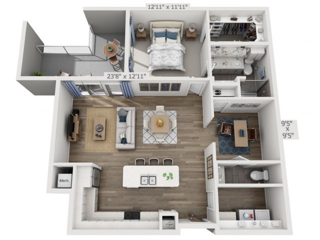 A detailed floor plan of a one-bedroom apartment featuring a living room, kitchen, dining area, bathroom, and balcony.