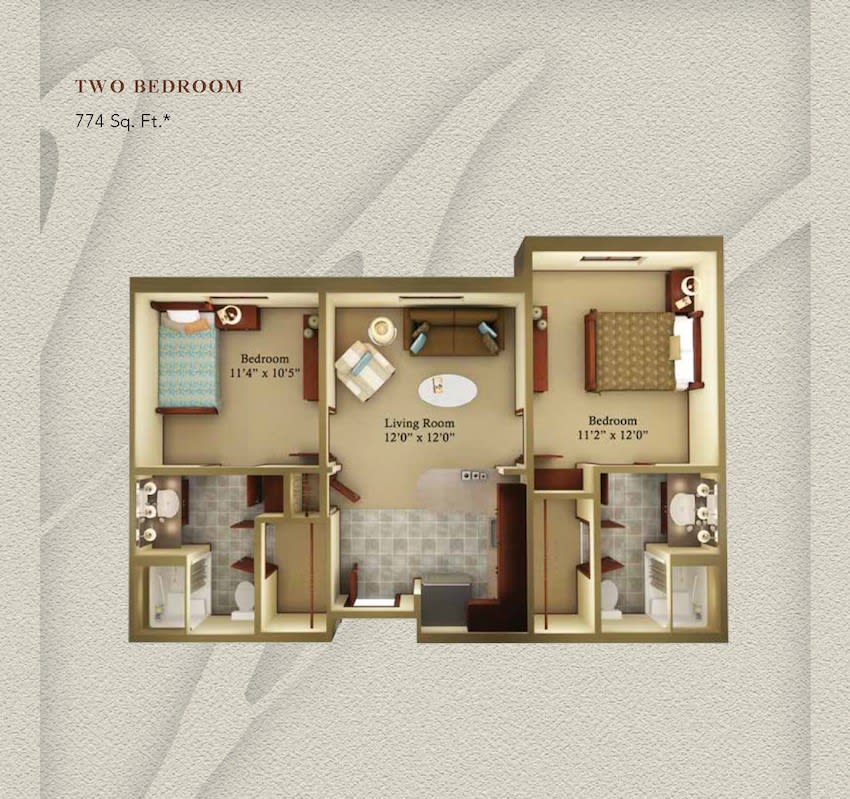 A detailed floor plan of a two-bedroom apartment showcasing the layout and interior design elements.