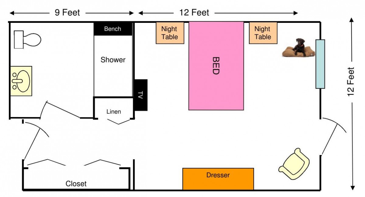 A floor plan of a bedroom showing the placement of furniture and room dimensions.