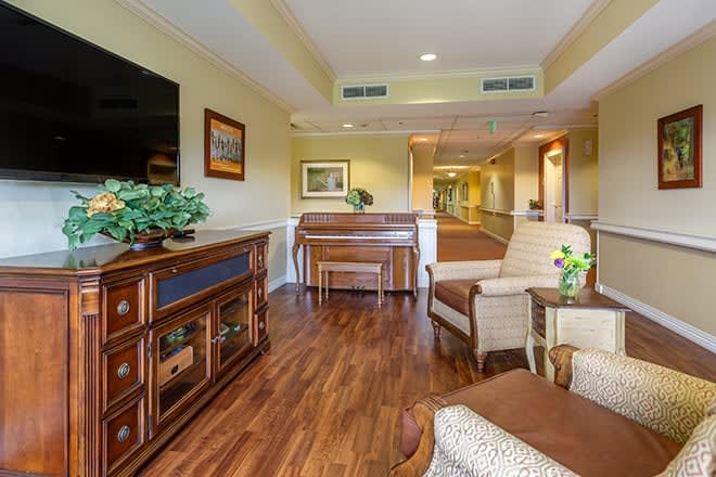 A cozy living room with a piano, chairs, and a television on wood flooring.