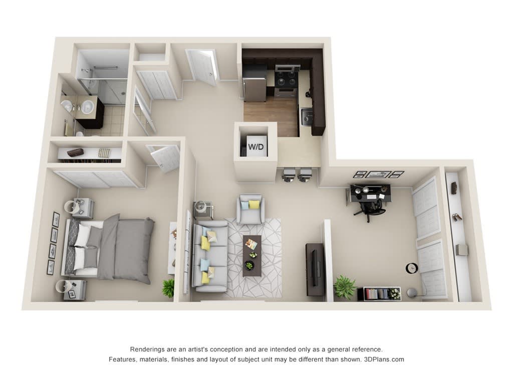 A 3D rendered floor plan of a one-bedroom apartment, featuring a living room, kitchen, and bathroom.