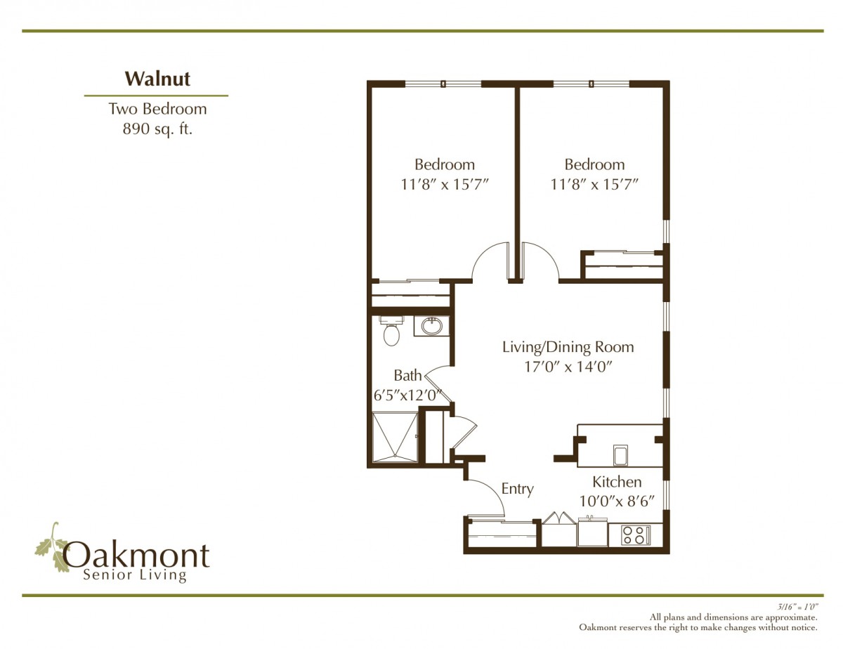 Two-bedroom apartment floor plan layout.