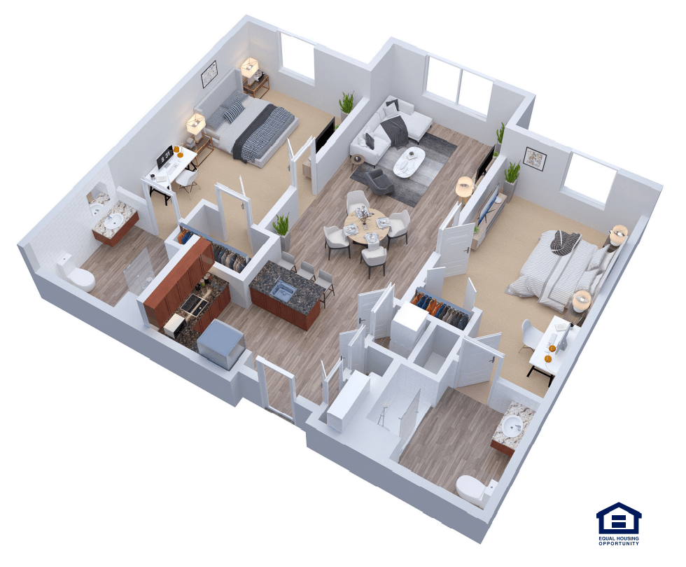A 3D rendered floor plan of an apartment showcasing the layout and interior design.