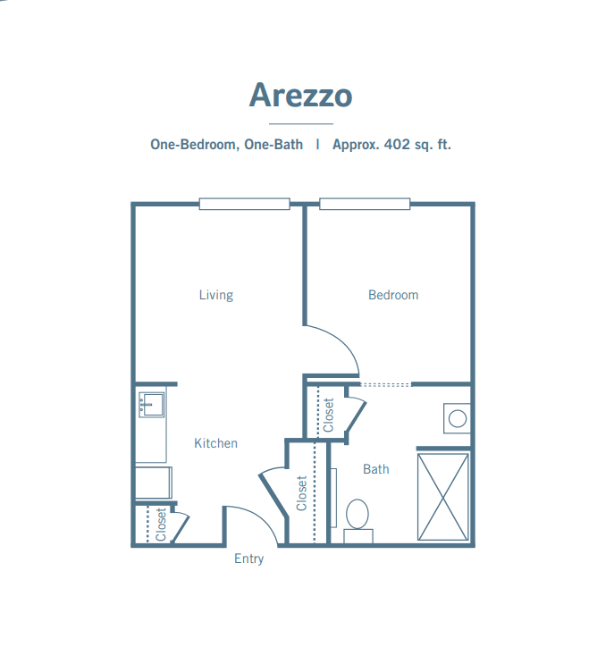 Floor plan of Arezzo apartment with 1 bedroom and 1 bathroom, measuring 462 square feet.
