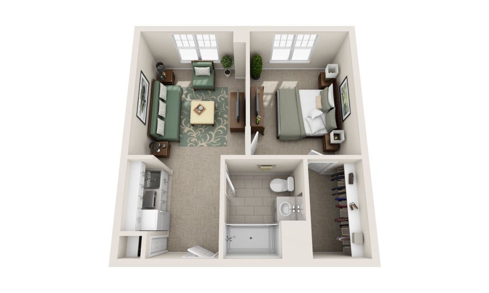 A 3D floor plan of a one-bedroom apartment featuring a living room, kitchen, bathroom, and a bedroom with furnishings.