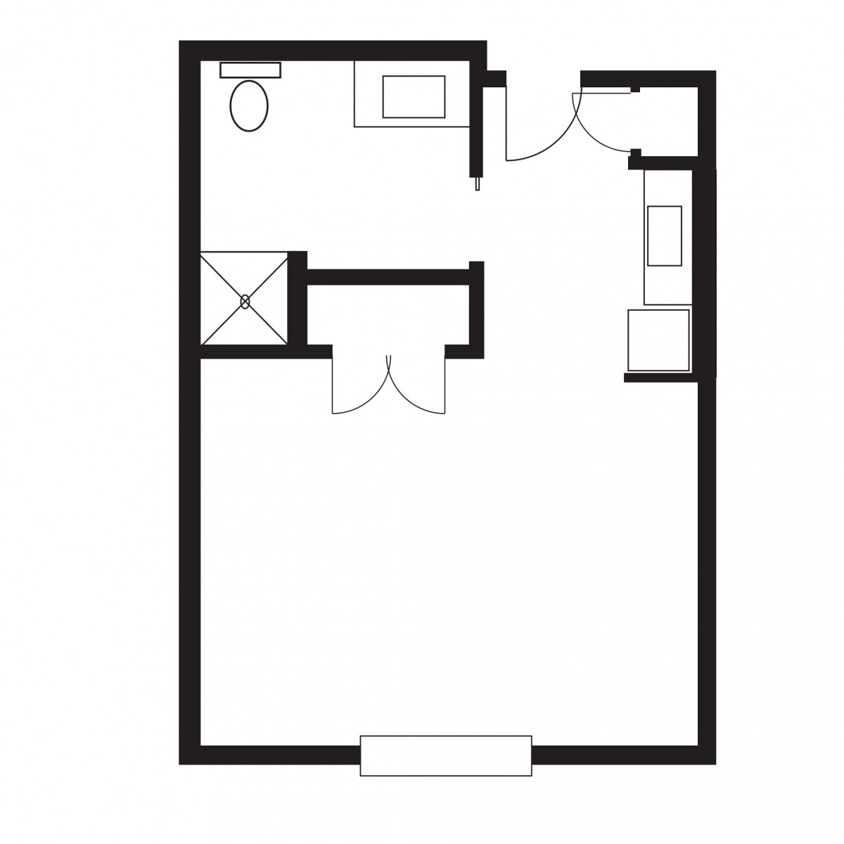 Studio apartment floor plan layout.