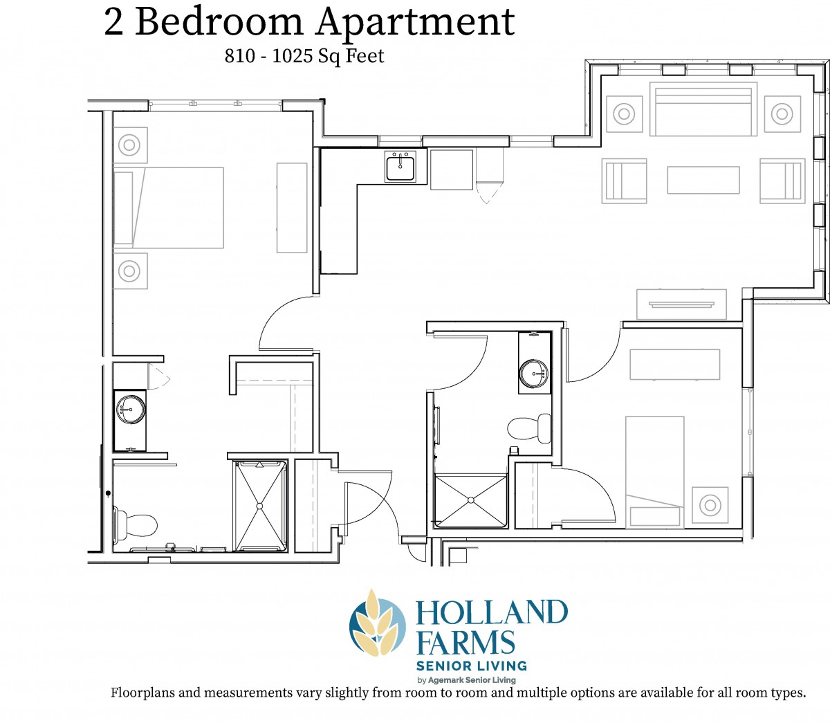 Floor plan of a 2-bedroom apartment from Holland Farms, showcasing the layout and room distribution.