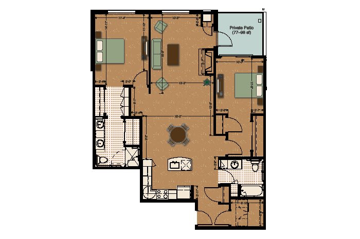 A detailed floor plan of an apartment, showing the layout including bedrooms, bathrooms, living area, kitchen, and a balcony.