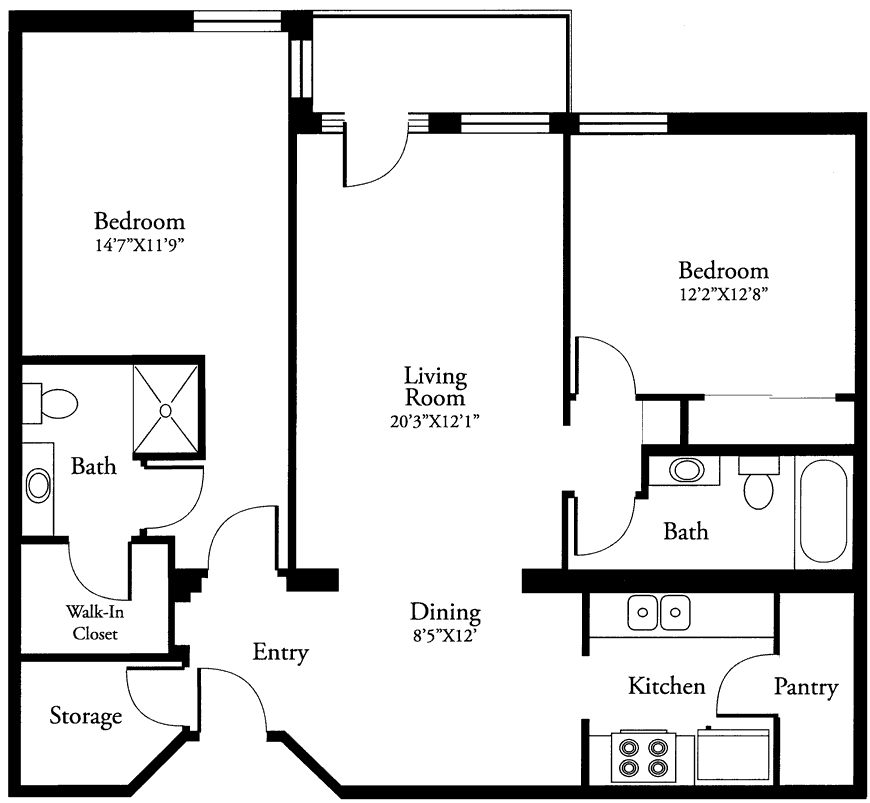 A detailed floor plan of a two-bedroom apartment with designated living, dining, and kitchen areas.