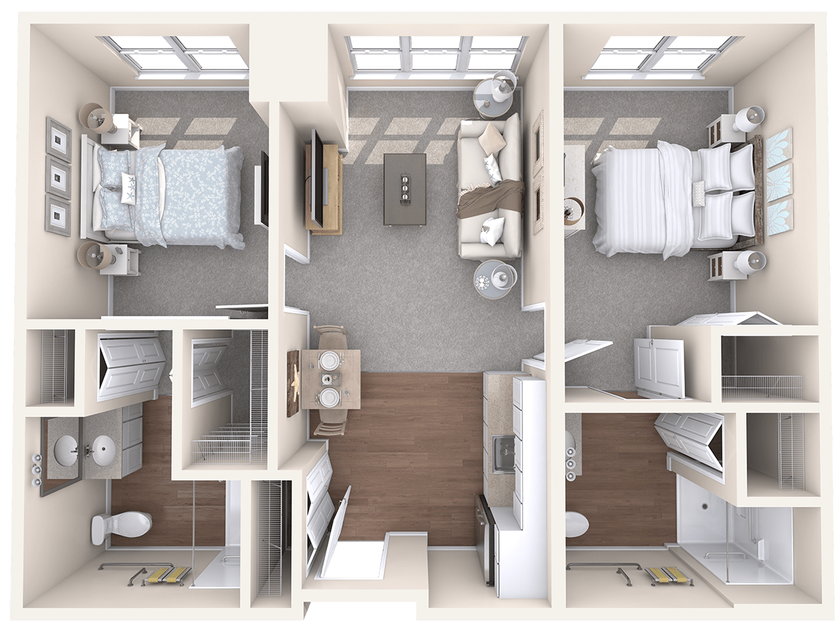 A 3D floor plan of a two-bedroom apartment with modern interior design.