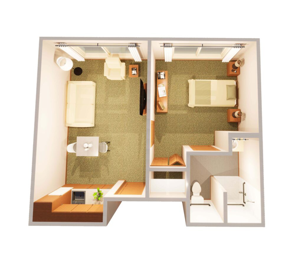 A minimalist floor plan illustrating a compact studio apartment with a bedroom and living space.