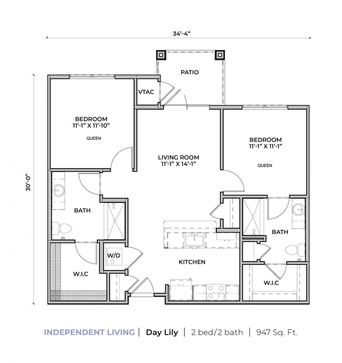 A floor plan of a two-bedroom apartment with labeled rooms and dimensions.